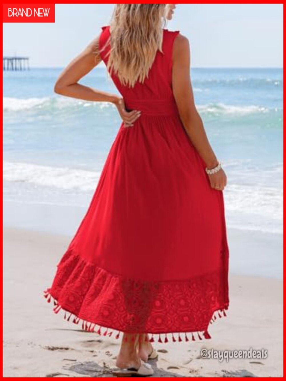 Red V-Neck Lace Hem Maxi Dress - Women - Picture 3 of 4